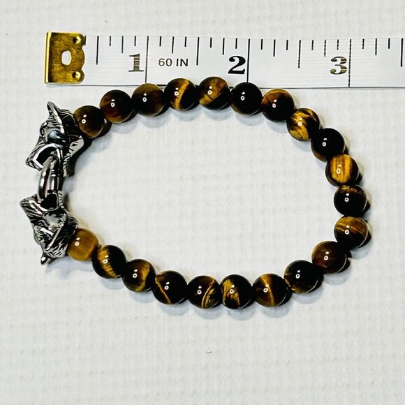 Tigers Eye Wolf Heads Bracelet Stainless Steel, Brown, Stretch, Spiritual Unisex - Picture 5 of 5